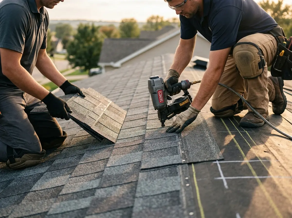 Professional roofer working on a residential roof in Santee